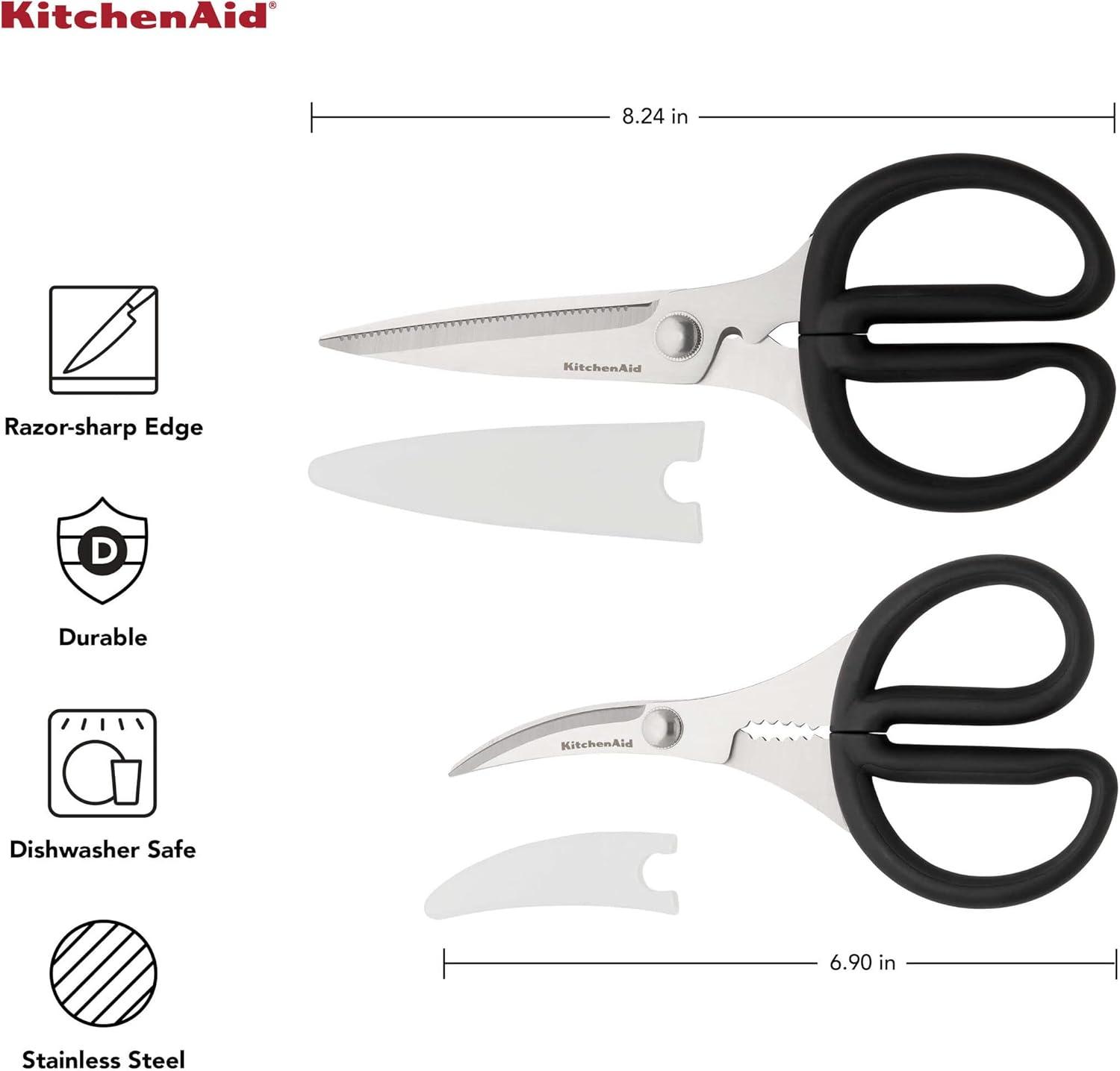 imageKitchenAid Stainless Steel Set of 2 All Purpose and Seafood Shears Set with Soft Touch Handles and Protective Sheath Curved Handle to Cut Crustacean Shell Dishwasher Safe Black
