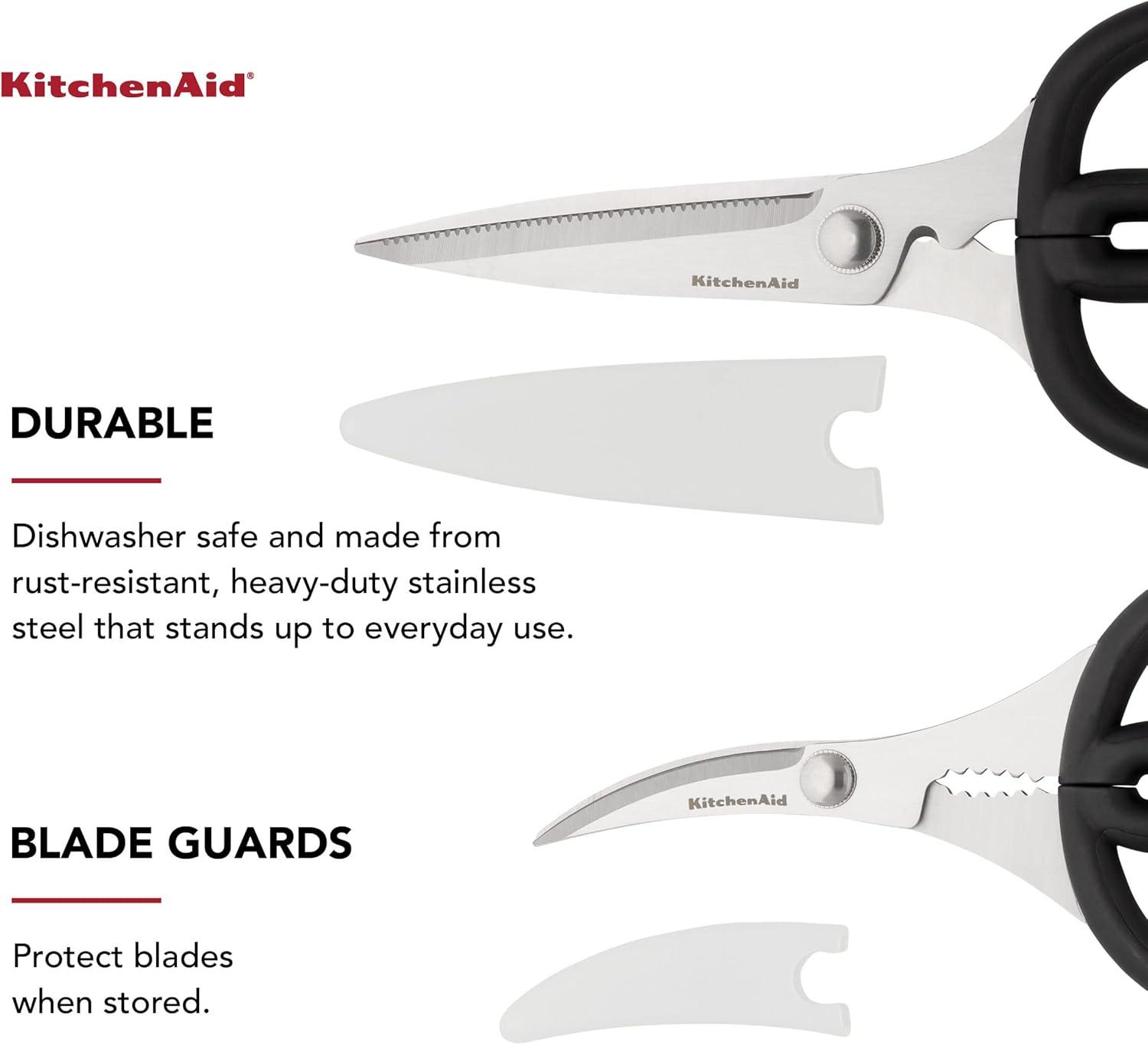 imageKitchenAid Stainless Steel Set of 2 All Purpose and Seafood Shears Set with Soft Touch Handles and Protective Sheath Curved Handle to Cut Crustacean Shell Dishwasher Safe Black