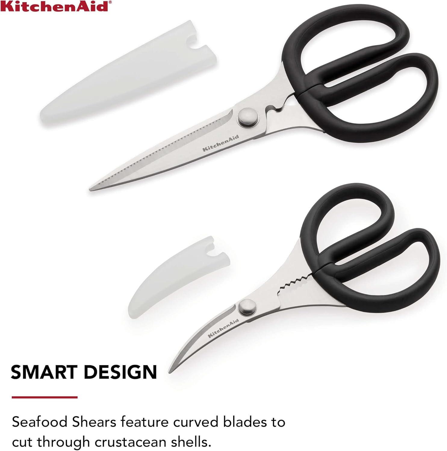 imageKitchenAid Stainless Steel Set of 2 All Purpose and Seafood Shears Set with Soft Touch Handles and Protective Sheath Curved Handle to Cut Crustacean Shell Dishwasher Safe Black