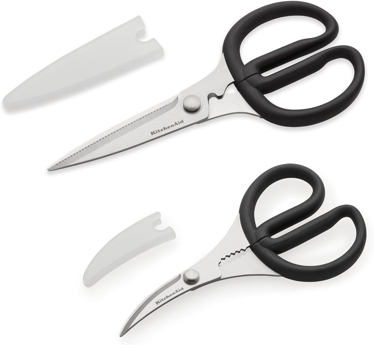 imageKitchenAid Stainless Steel Set of 2 All Purpose and Seafood Shears Set with Soft Touch Handles and Protective Sheath Curved Handle to Cut Crustacean Shell Dishwasher Safe Black
