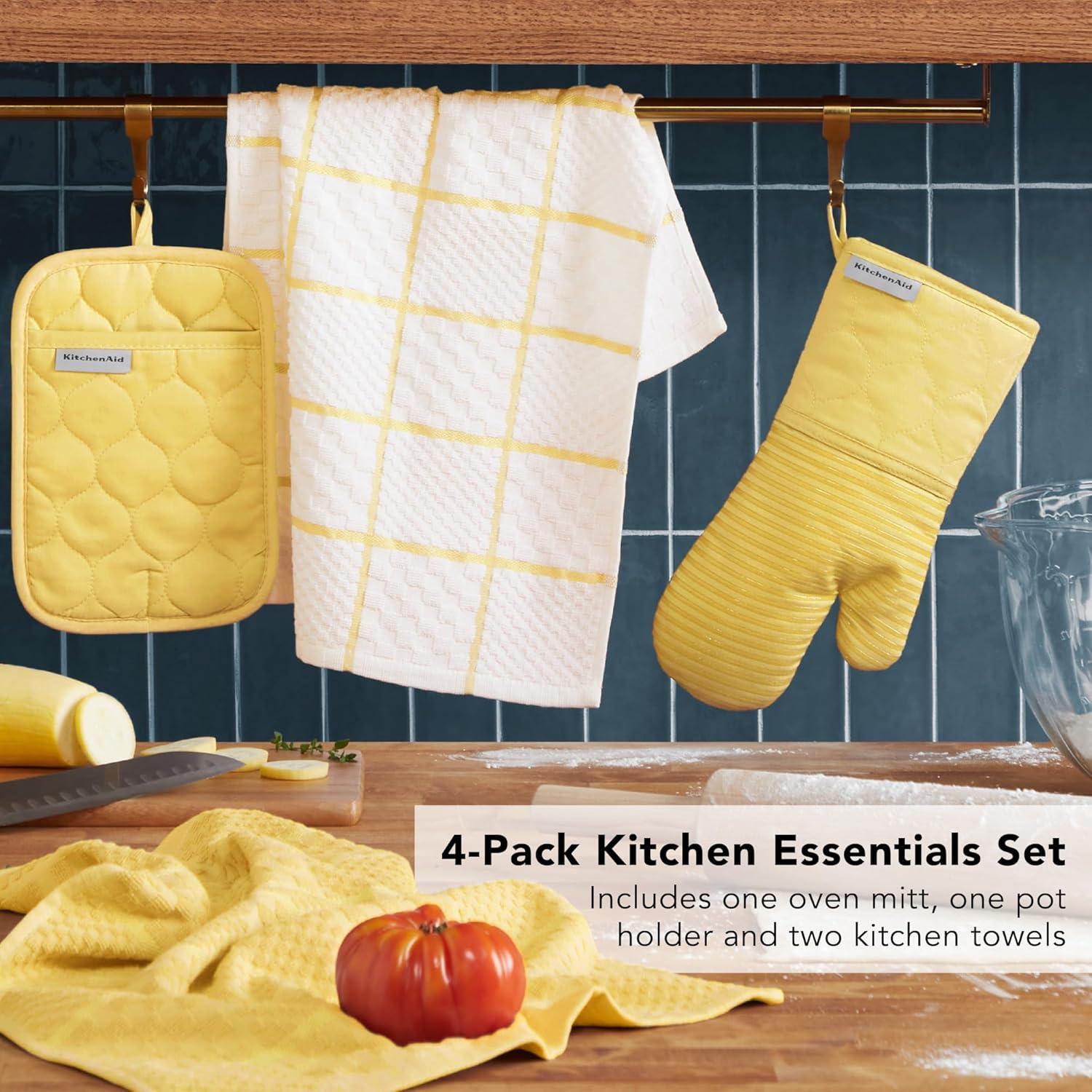 imageKITCHENAID Quilted Cotton Terry Cloth Oven Mitt Pot Holder Kitchen Towel 4Pack Set Heat Resistant Silicone Grip Gift Set Passion Red 16x26 7x13 amp 7x10Butter Yellow