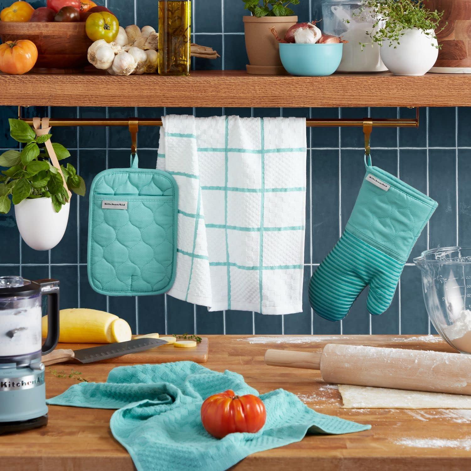 imageKITCHENAID Quilted Cotton Terry Cloth Oven Mitt Pot Holder Kitchen Towel 4Pack Set Heat Resistant Silicone Grip Gift Set Passion Red 16x26 7x13 amp 7x10Aqua Sky