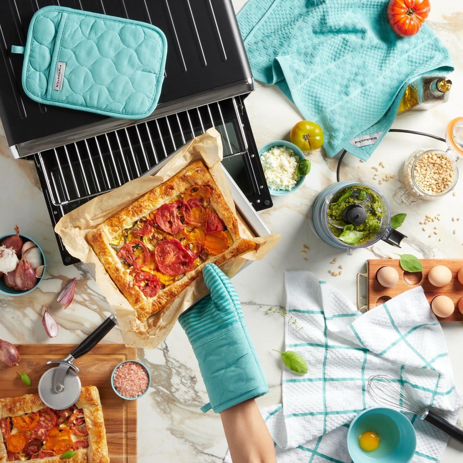 imageKITCHENAID Quilted Cotton Terry Cloth Oven Mitt Pot Holder Kitchen Towel 4Pack Set Heat Resistant Silicone Grip Gift Set Passion Red 16x26 7x13 amp 7x10Aqua Sky