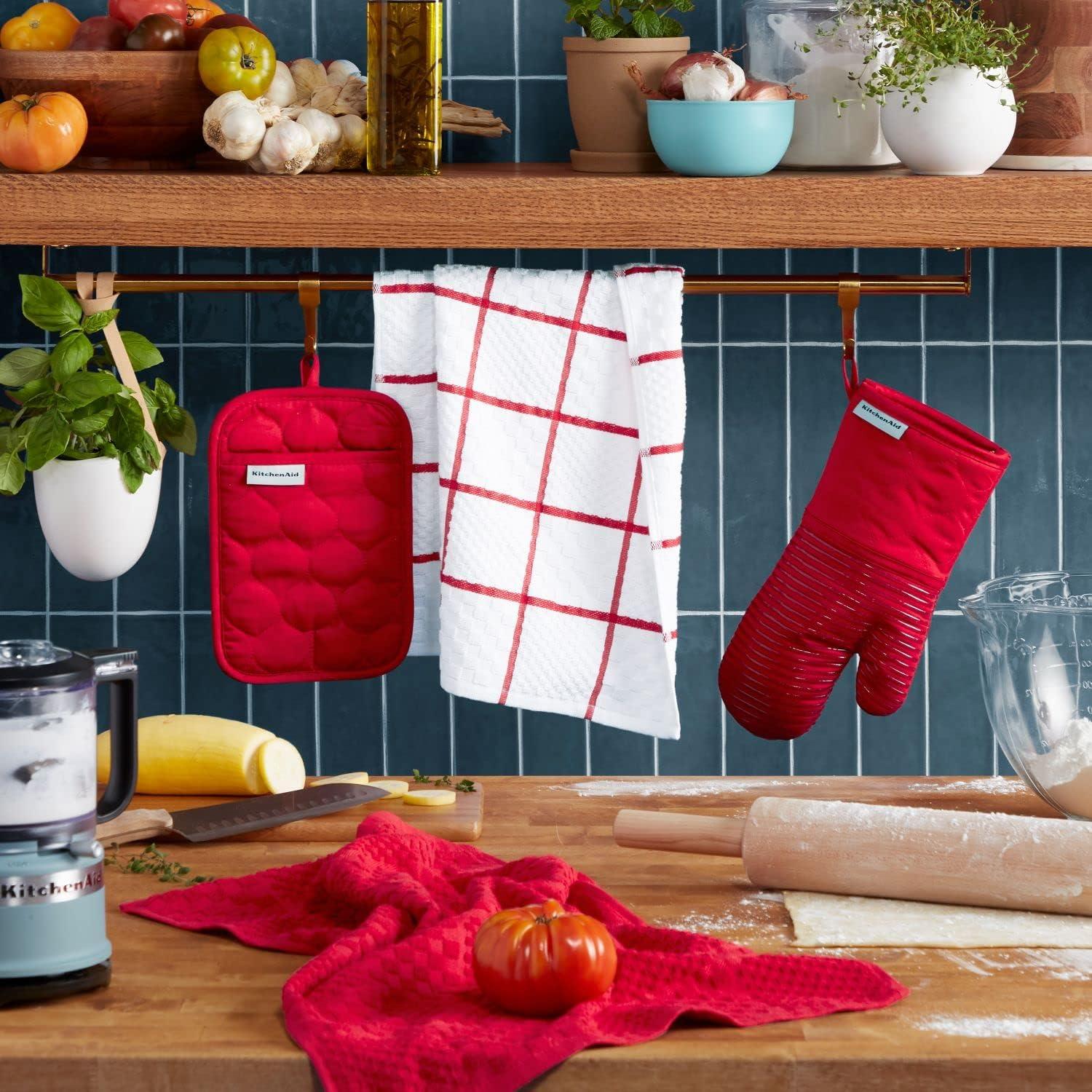 imageKITCHENAID Quilted Cotton Terry Cloth Oven Mitt Pot Holder Kitchen Towel 4Pack Set Heat Resistant Silicone Grip Gift Set Passion Red 16x26 7x13 amp 7x10Passion Red
