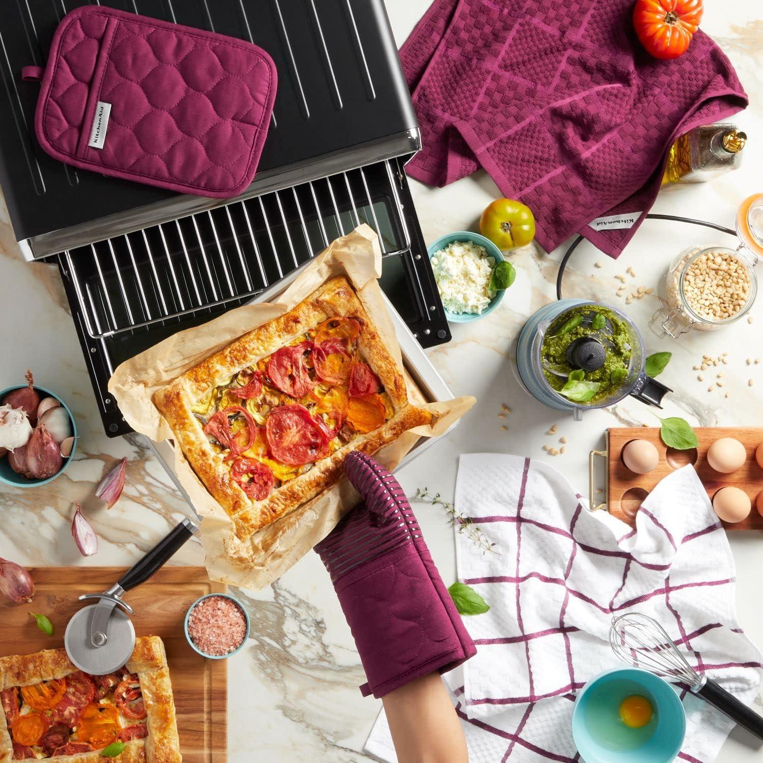 imageKITCHENAID Quilted Cotton Terry Cloth Oven Mitt Pot Holder Kitchen Towel 4Pack Set Heat Resistant Silicone Grip Gift Set Passion Red 16x26 7x13 amp 7x10Beet