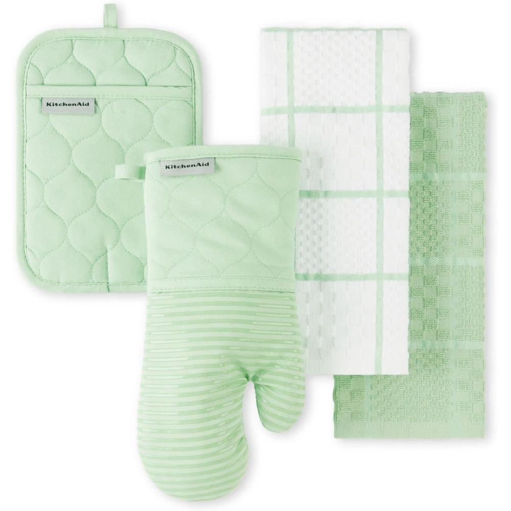 imageKITCHENAID Quilted Cotton Terry Cloth Oven Mitt Pot Holder Kitchen Towel 4Pack Set Heat Resistant Silicone Grip Gift Set Passion Red 16x26 7x13 amp 7x10Pistachio