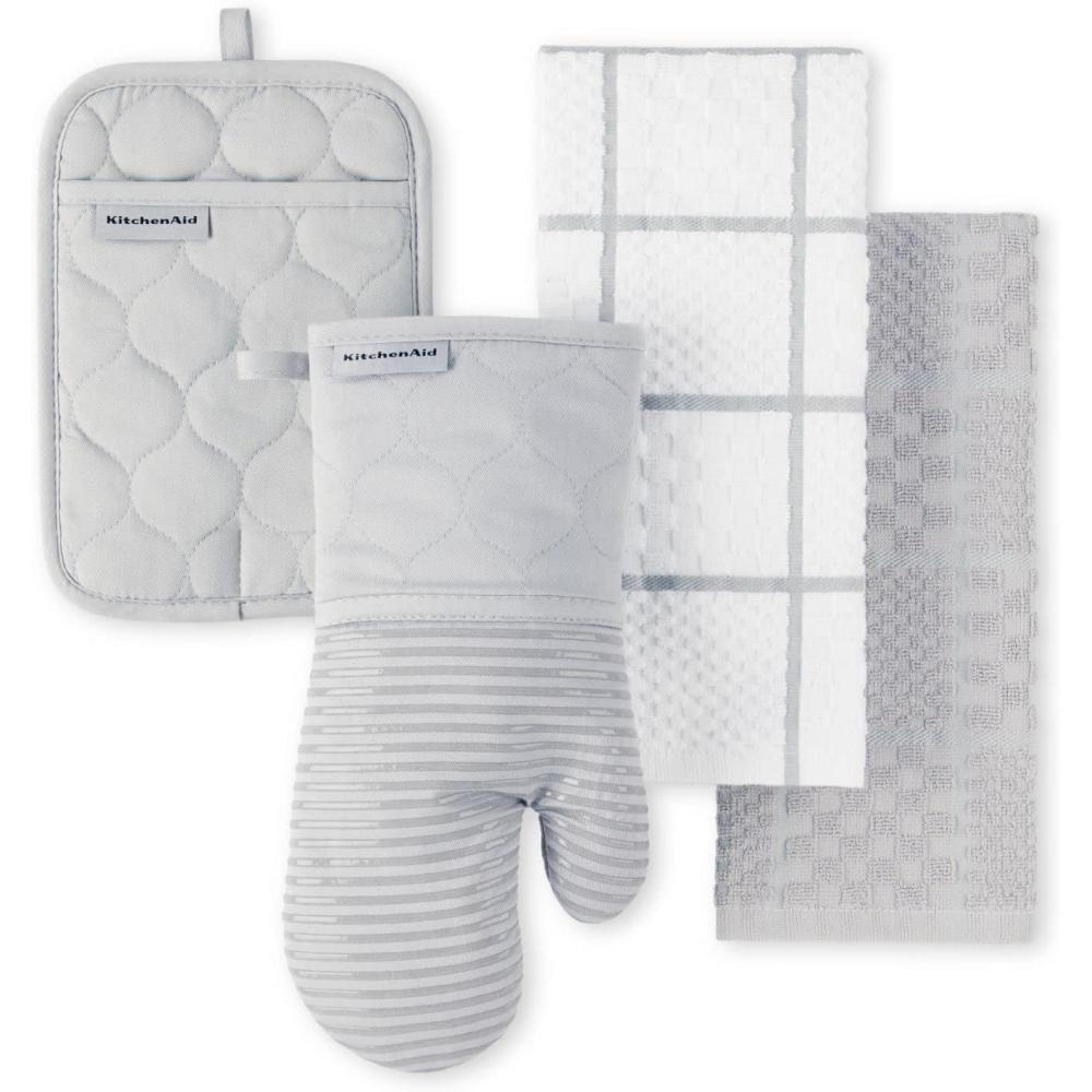 imageKITCHENAID Quilted Cotton Terry Cloth Oven Mitt Pot Holder Kitchen Towel 4Pack Set Heat Resistant Silicone Grip Gift Set Passion Red 16x26 7x13 amp 7x10Matte Grey