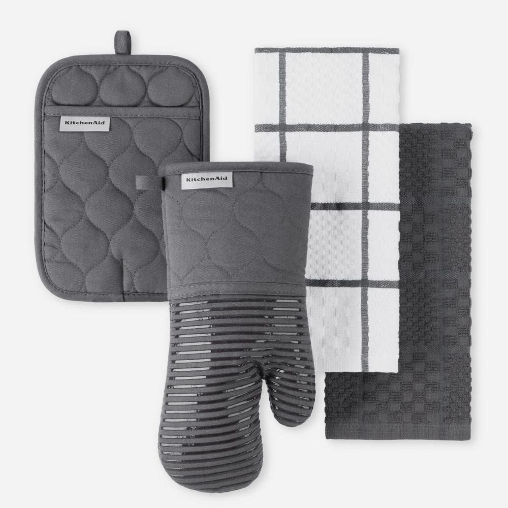 imageKITCHENAID Quilted Cotton Terry Cloth Oven Mitt Pot Holder Kitchen Towel 4Pack Set Heat Resistant Silicone Grip Gift Set Passion Red 16x26 7x13 amp 7x10Charcoal Grey