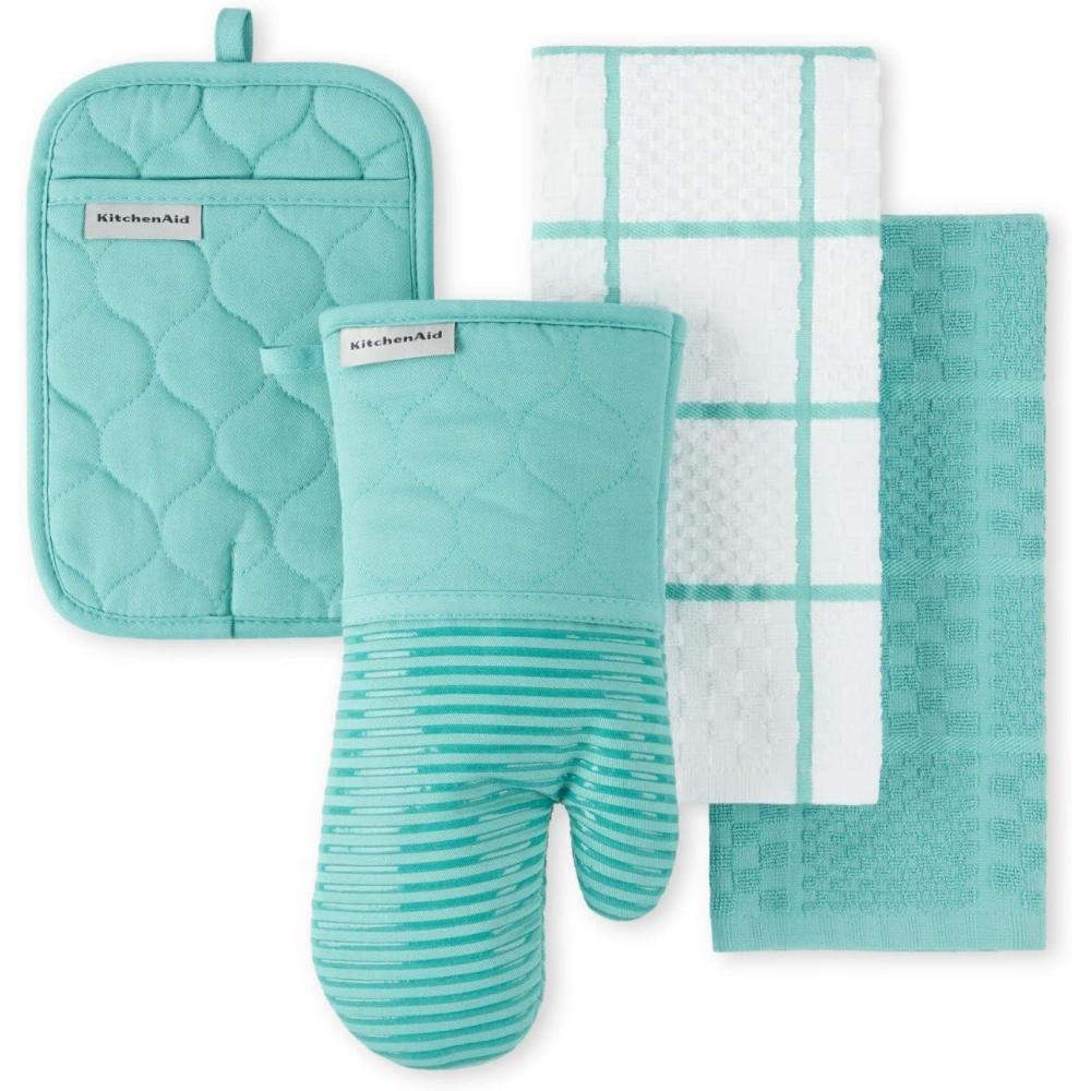 imageKITCHENAID Quilted Cotton Terry Cloth Oven Mitt Pot Holder Kitchen Towel 4Pack Set Heat Resistant Silicone Grip Gift Set Passion Red 16x26 7x13 amp 7x10Aqua Sky