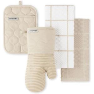 KITCHENAID Quilted Cotton Terry Cloth Oven Mitt, Pot Holder, Kitchen Towel 4-Pack Set, Heat Resistant, Silicone Grip, Gift Set, Passion Red, 16″x26″, 7″x13″ & 7″x10″(Milkshake)