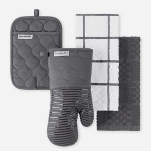 KITCHENAID Quilted Cotton Terry Cloth Oven Mitt, Pot Holder, Kitchen Towel 4-Pack Set, Heat Resistant, Silicone Grip, Gift Set, Passion Red, 16″x26″, 7″x13″ & 7″x10″(Charcoal Grey)