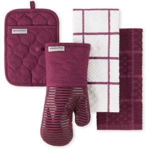 KITCHENAID Quilted Cotton Terry Cloth Oven Mitt, Pot Holder, Kitchen Towel 4-Pack Set, Heat Resistant, Silicone Grip, Gift Set, Passion Red, 16″x26″, 7″x13″ & 7″x10″(Beet)
