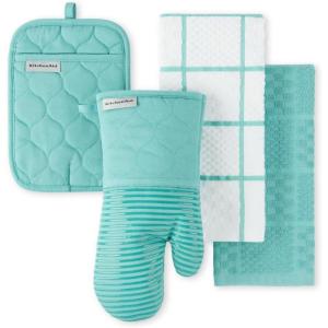 KITCHENAID Quilted Cotton Terry Cloth Oven Mitt, Pot Holder, Kitchen Towel 4-Pack Set, Heat Resistant, Silicone Grip, Gift Set, Passion Red, 16″x26″, 7″x13″ & 7″x10″(Aqua Sky)