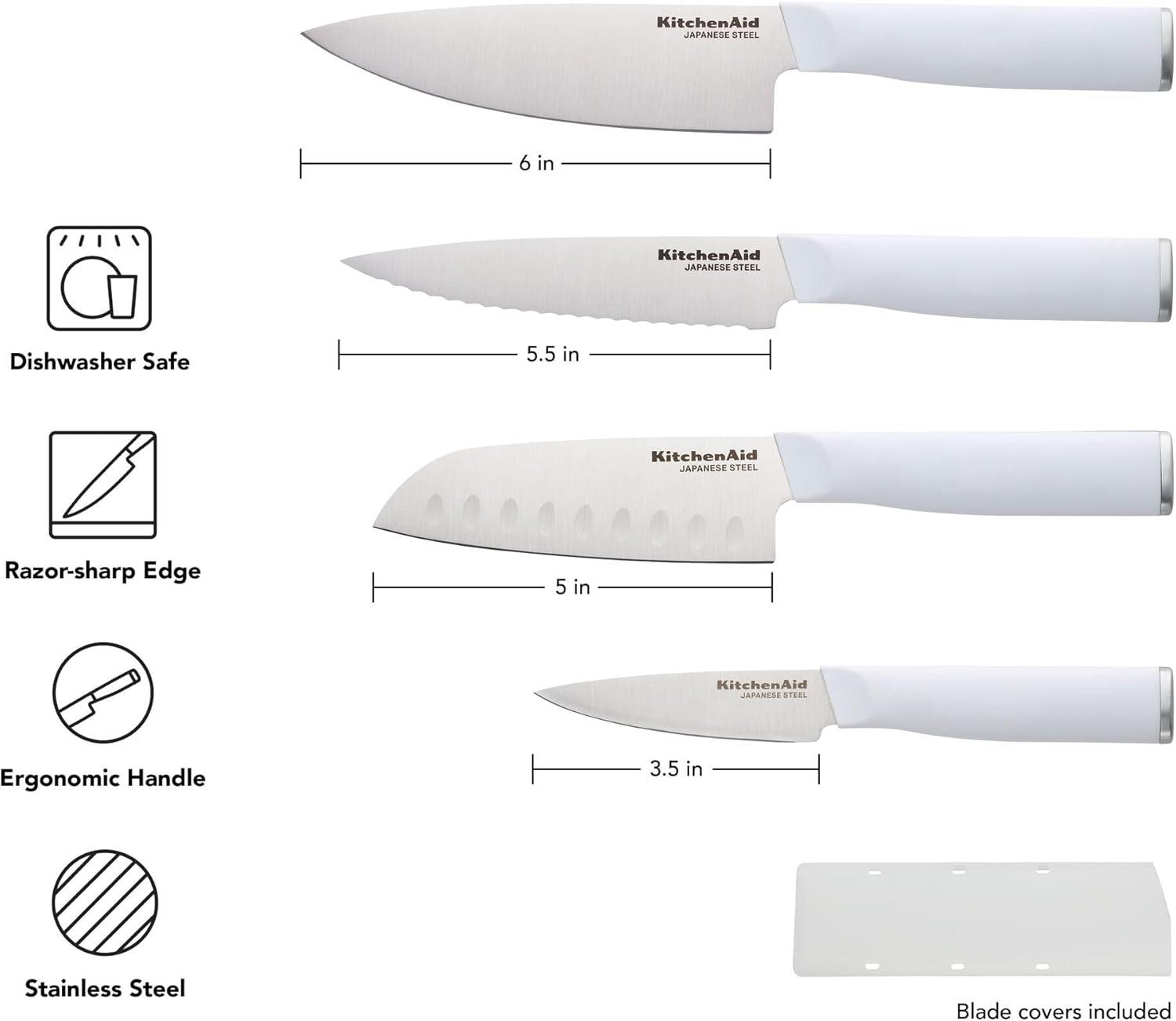imageKitchenAid Chef Set with CustomFit Covers Sharp Kitchen Knife HighCarbon Japanese Stainless Steel Blade 4 Piece Multicolor